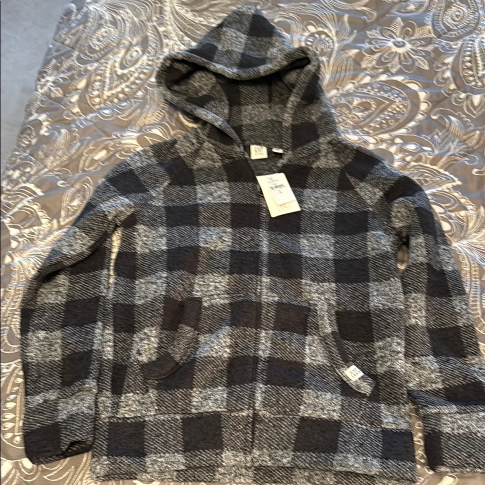 GAP Gray and Black Zip Up Sweater with Buffalo Plaid